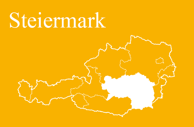 Österreichkarte mit gelb markiertem Bundesland Steiermark