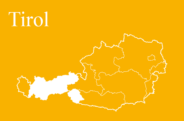 Österreichkarte mit gelb markiertem Bundesland Tirol