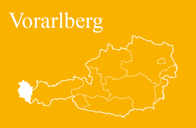 Österreichkarte mit gelb markiertem Bundesland Vorarlberg