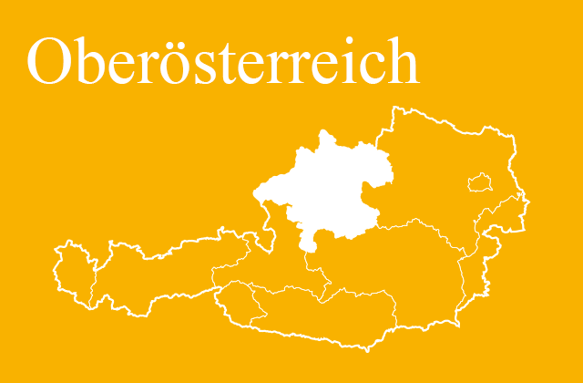 Österreichkarte mit gelb markiertem Bundesland Oberösterreich