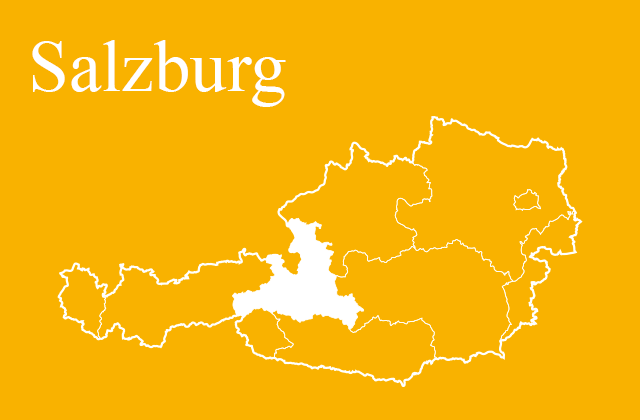 Österreichkarte mit gelb markiertem Bundesland Salzburg