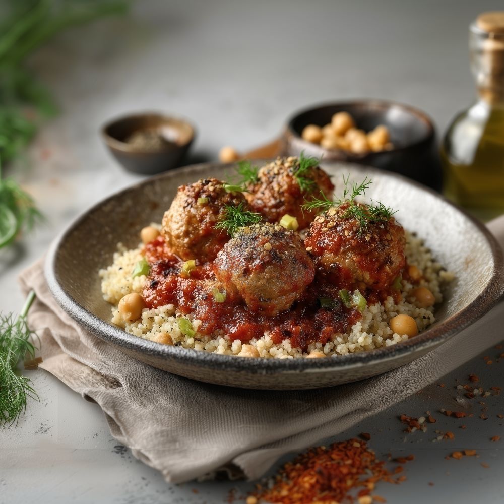 Mehr Informationen zum Thema: Fleisch&shy;bällchen auf mediterraner Tomaten&shy;sauce und Kicher&shy;erbsen-Bulgur