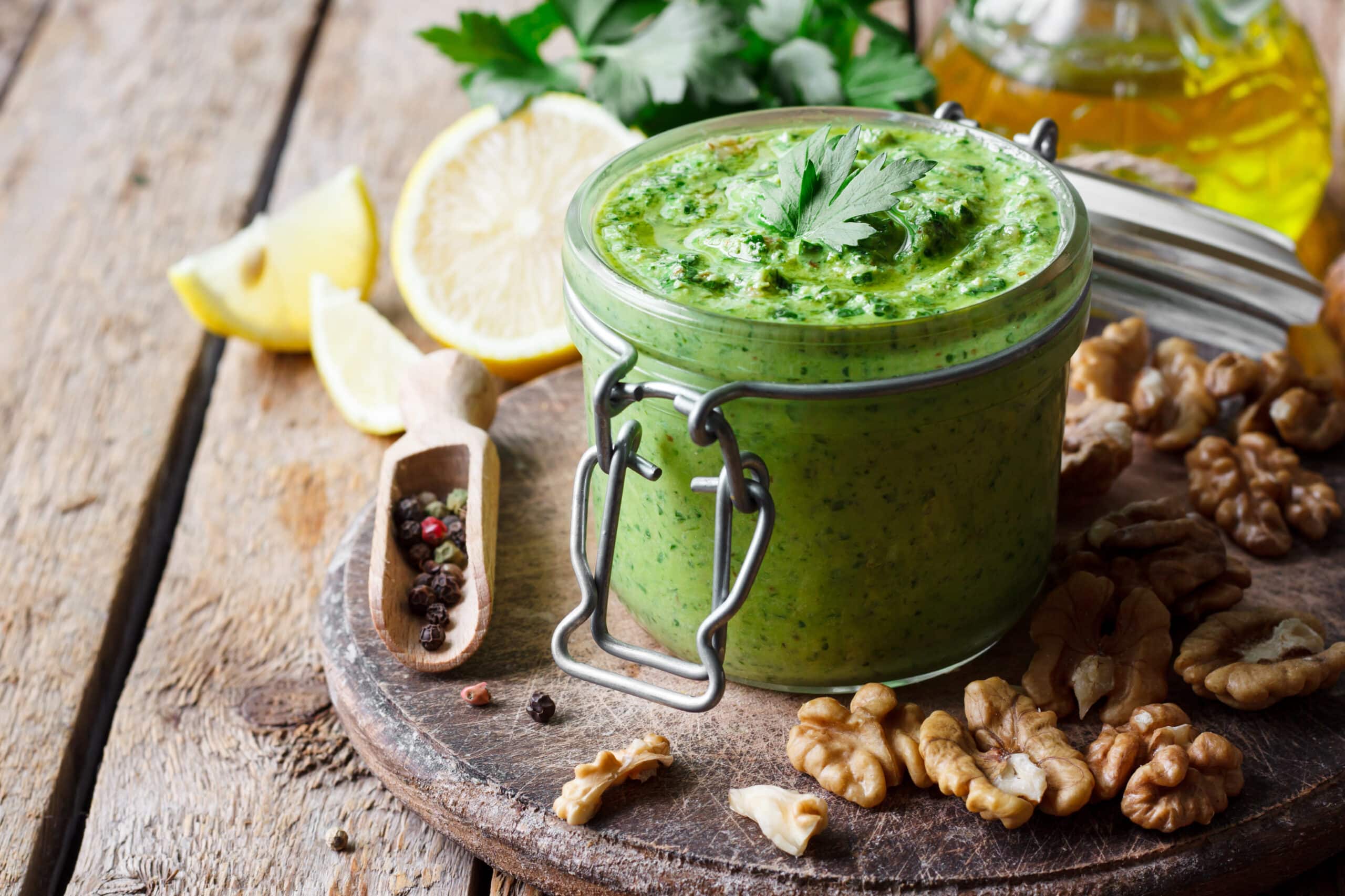 Grünes Petersilien-Pesto mit Walnüssen – aromatische, diabetesfreundliche Würze für Pasta, Brot oder Gemüse.